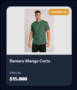 Tarjeta con el distintivo VARIANTES en el panel de productos