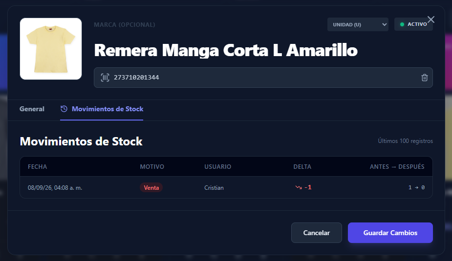 Detalle de auditoría con el stock antes y después de la venta